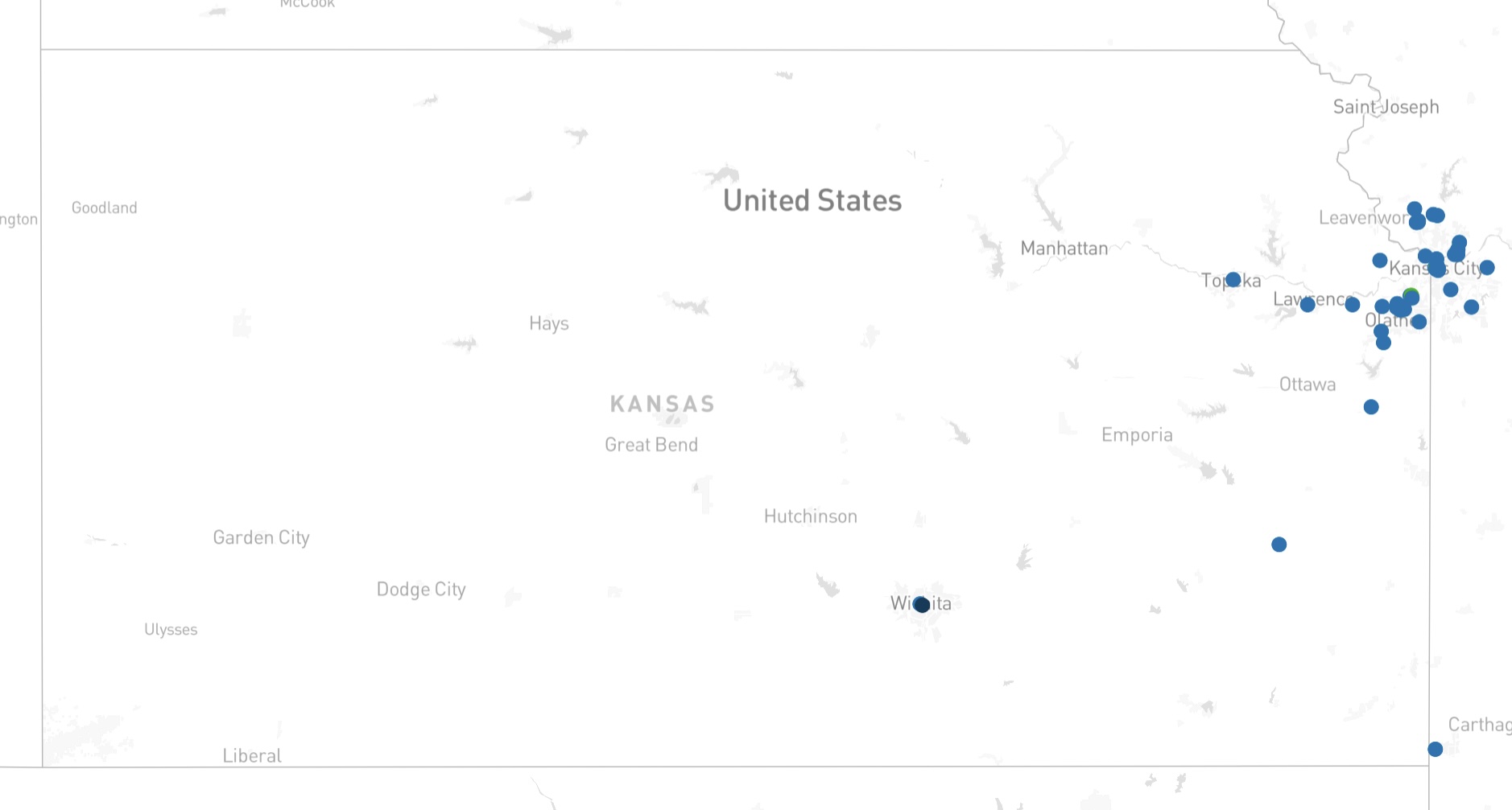 Map of data center locations in Kansas